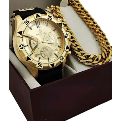 Relogio Masculino Emborrachado Relógio Quartzo Dourado + Pulseira Masculina Grossa Banhada a Ouro