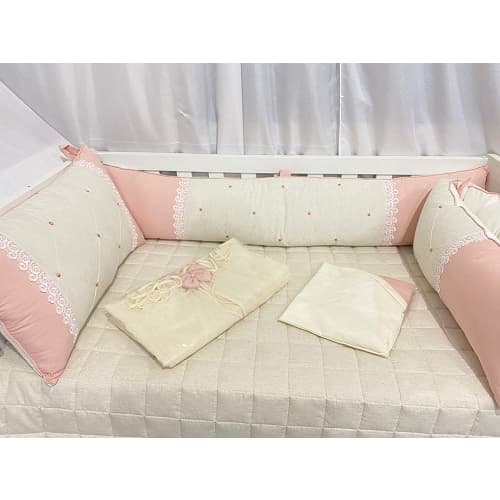 Kit Berço Padrão Americano Lateral Menina Nervura Paris 9 Peças Rose com Linho