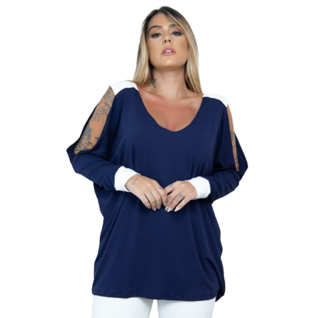 Blusa Feminina Bata Vazada no Ombro Manga Longa em Malha Estilosa Dia a Dia Elegante Soltinha Plus Size Moda
