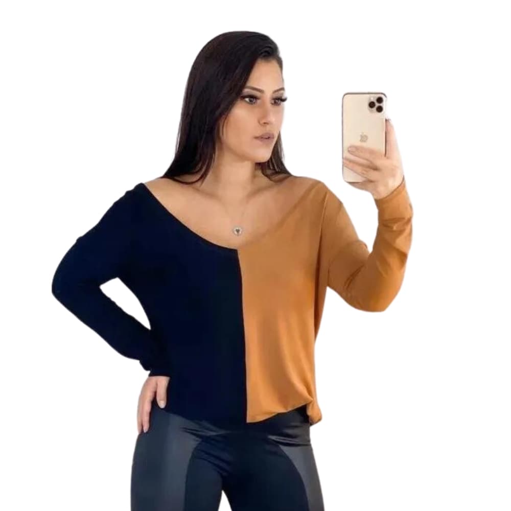 Strella Modas Blusa Feminina Bicolor Manga Longa Duas Cores Ampla Casual Plus Size Dia a Dia Estilosa Soltinha Malha