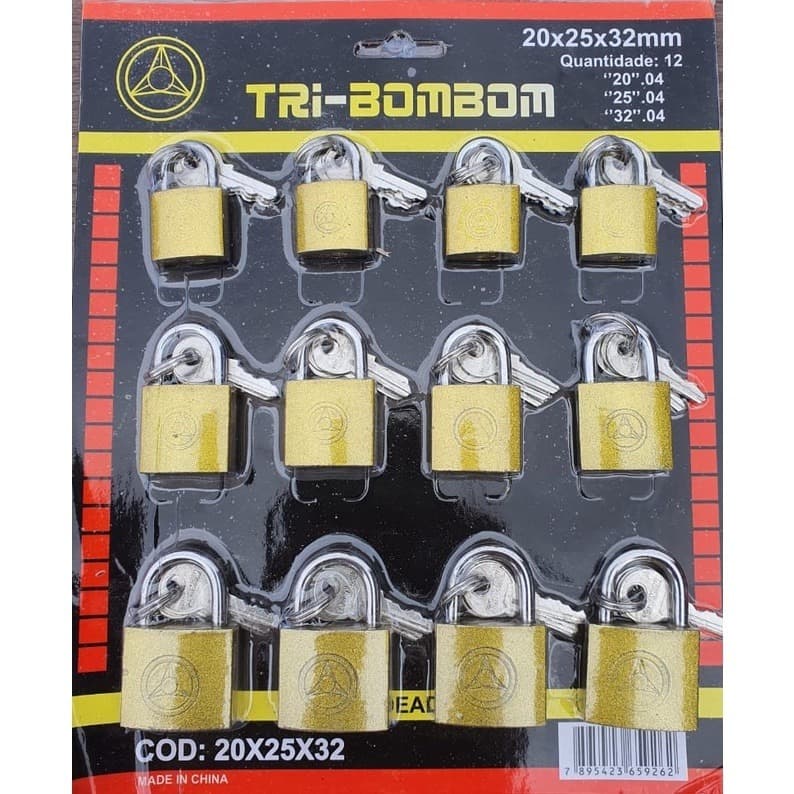 Cadeado Cartela Com 12 Unidades 25/32/38mm Aço 2 Chaves Cada