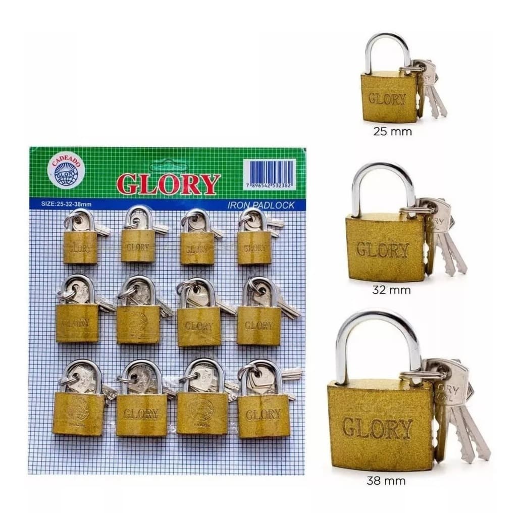 Cartela Cadeado 12 Pçs 25-32-38mm Aço Armário Mochila Malas