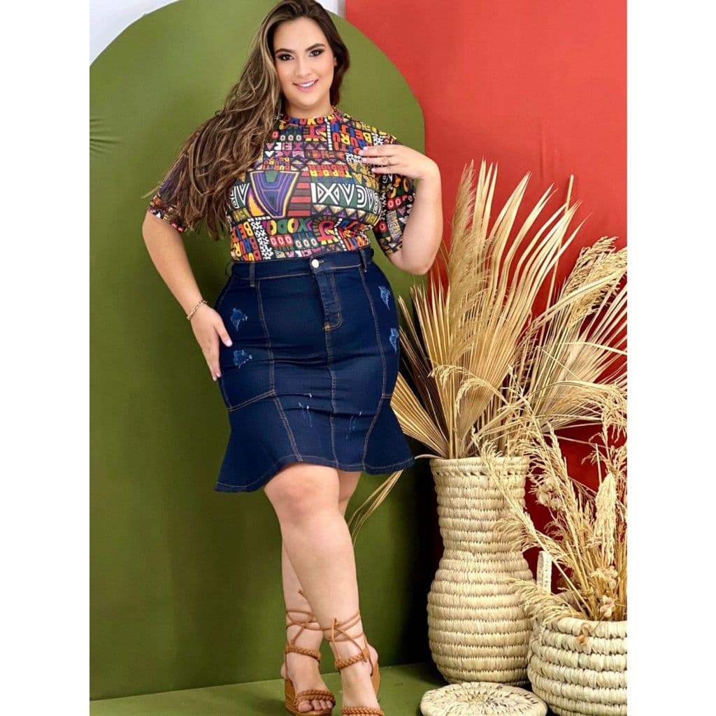 Saia Jeans Feminina Moda Evangélica Comportada com Elastano