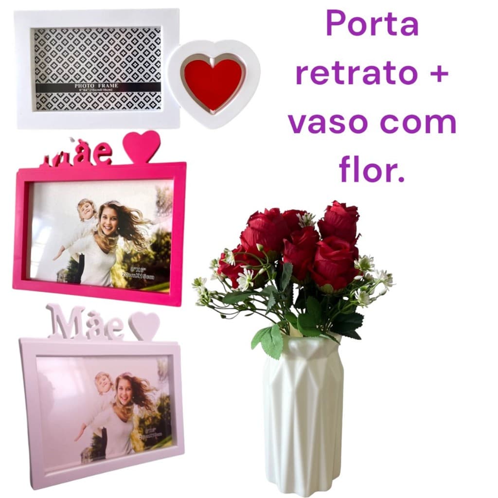 Kit presente para o dia dos namorados buqe de rosas artificial + porta retrato coração