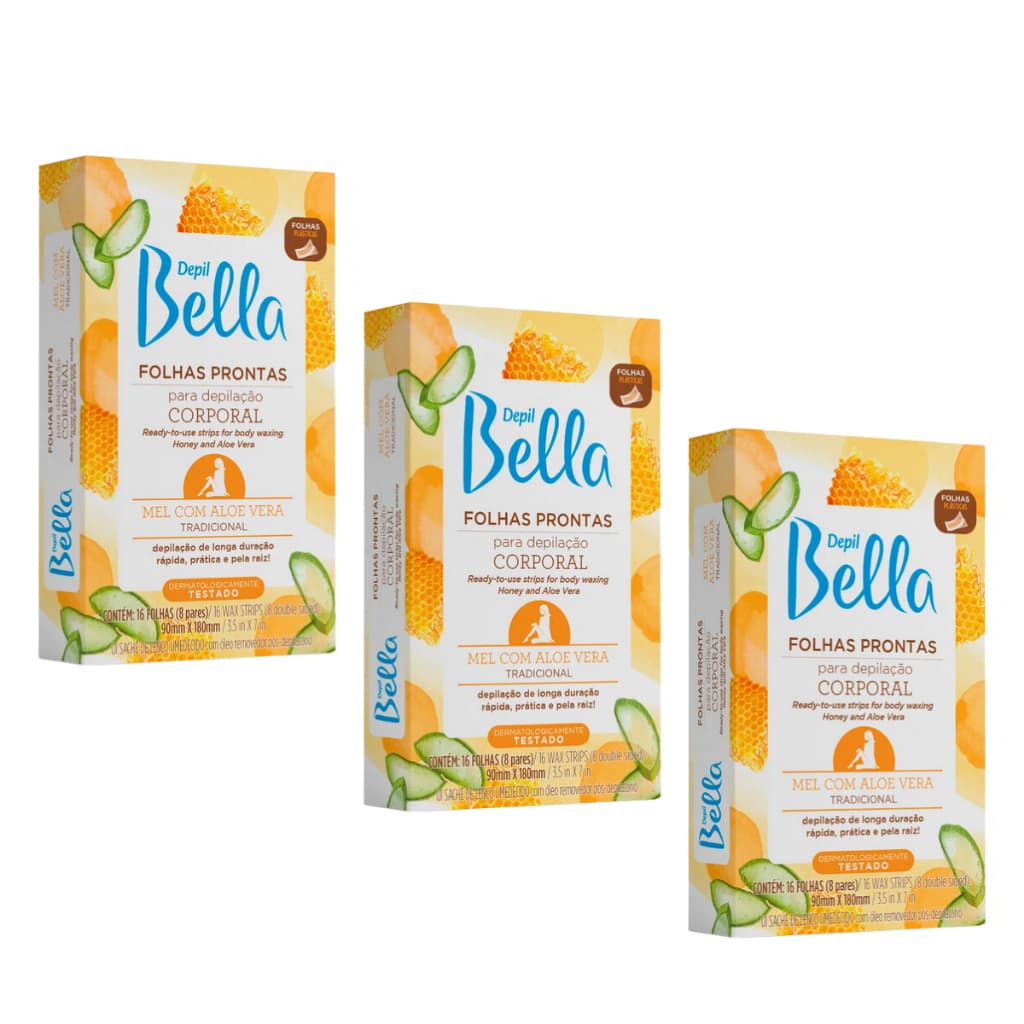 Kit 3 Cx Folhas Prontas Corporal Mel Aloe Vera Depil Bella - 48 Un.