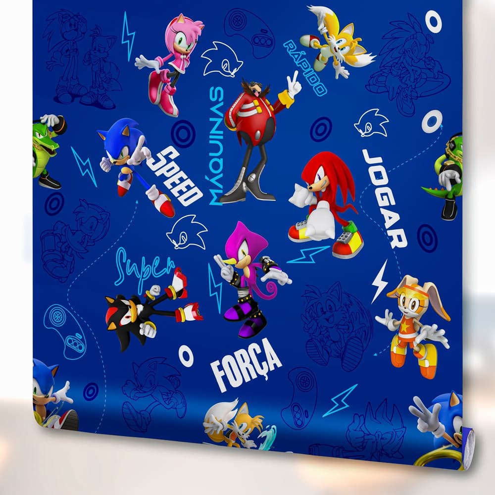 Papel de Parede Adesivo Decoração Quarto Infantil Sonic Azul Vinil Lavável
