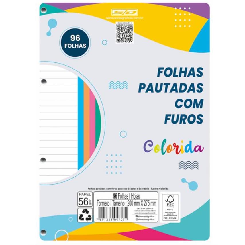 Folhas Pautadas com Furos Refil para Fichário Colorida 200mm x 275mm 96fls São Domingos