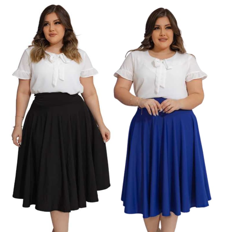 Kit com 2 Saias Midi Suplex sem Cinto Básica Rodada Godê moda Evangélica Plus Festividades