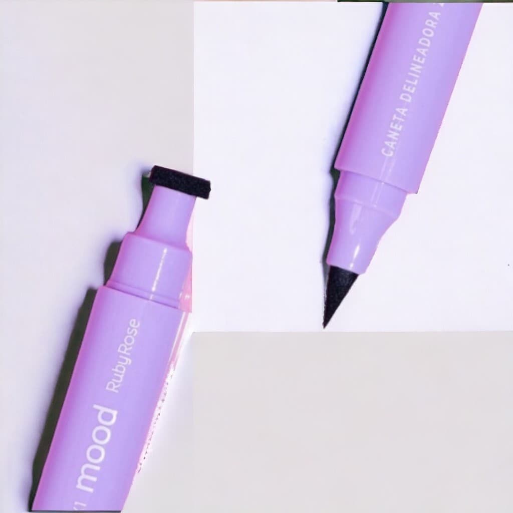 Caneta Delineadora 2x1 Mood Ponta Fina Carimbo Preto Vegano Alta Pigmentação Resistente a Água Longa Duração Ruby Rose