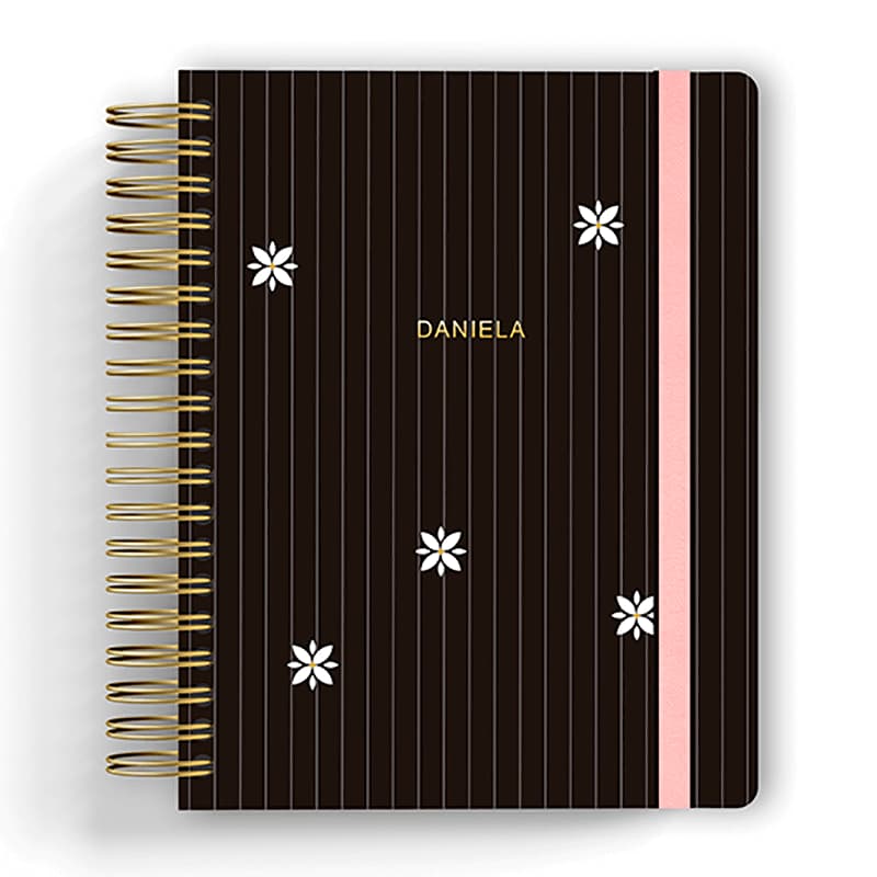 CADERNO SMART PERSONALIZADO COM SEU NOME EM HOTSTAMP | CADERNO PRETO LISTRAS FLOR | TAMANHO COLEGIAL 90 OU 135 FOLHAS