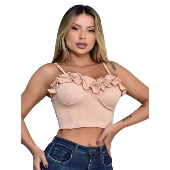 Top Cropped Feminino com Babado No Bojo Anarruga Alça Fina Elegante Country