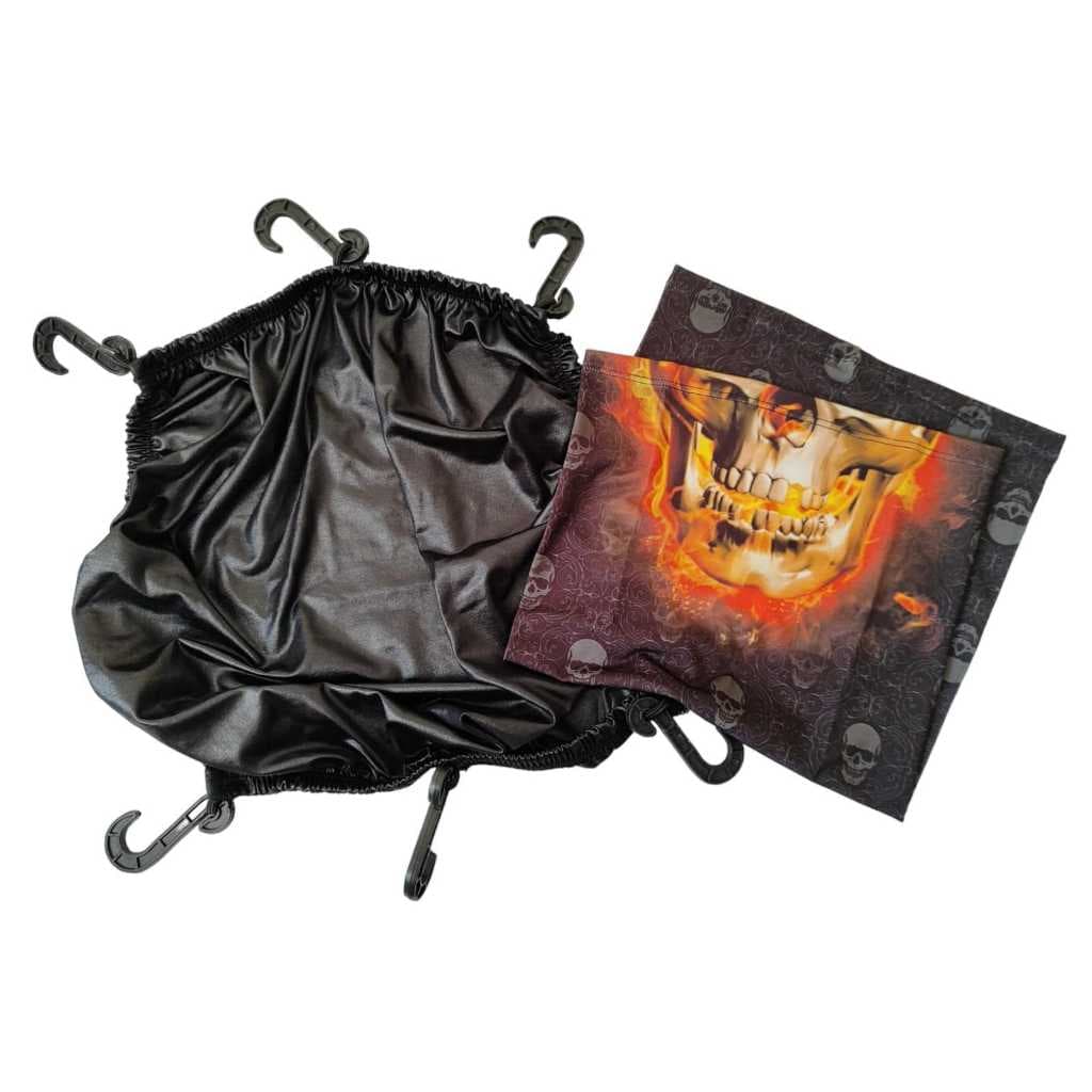 Kit Rede Elástica Fechada para Capacete + Bandana Balaclava Moto Caveira