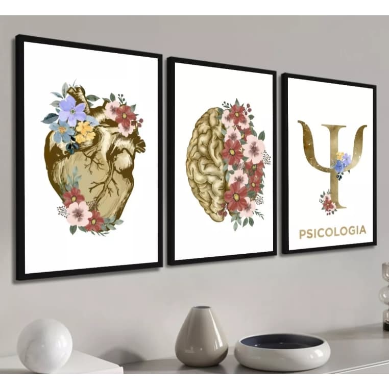 Kit 3 Peças Quadro Decorativo Psicologia Arte Colorida Formação Florido Abstrato Para Sala Quarto