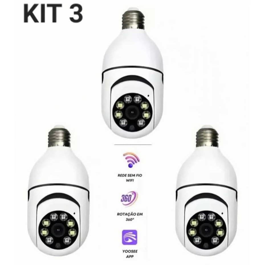 kit 3 câmera segurança wi-fi ip sem fio 360 encaixe lampada aplicativo yoosee ptz full HD visão not