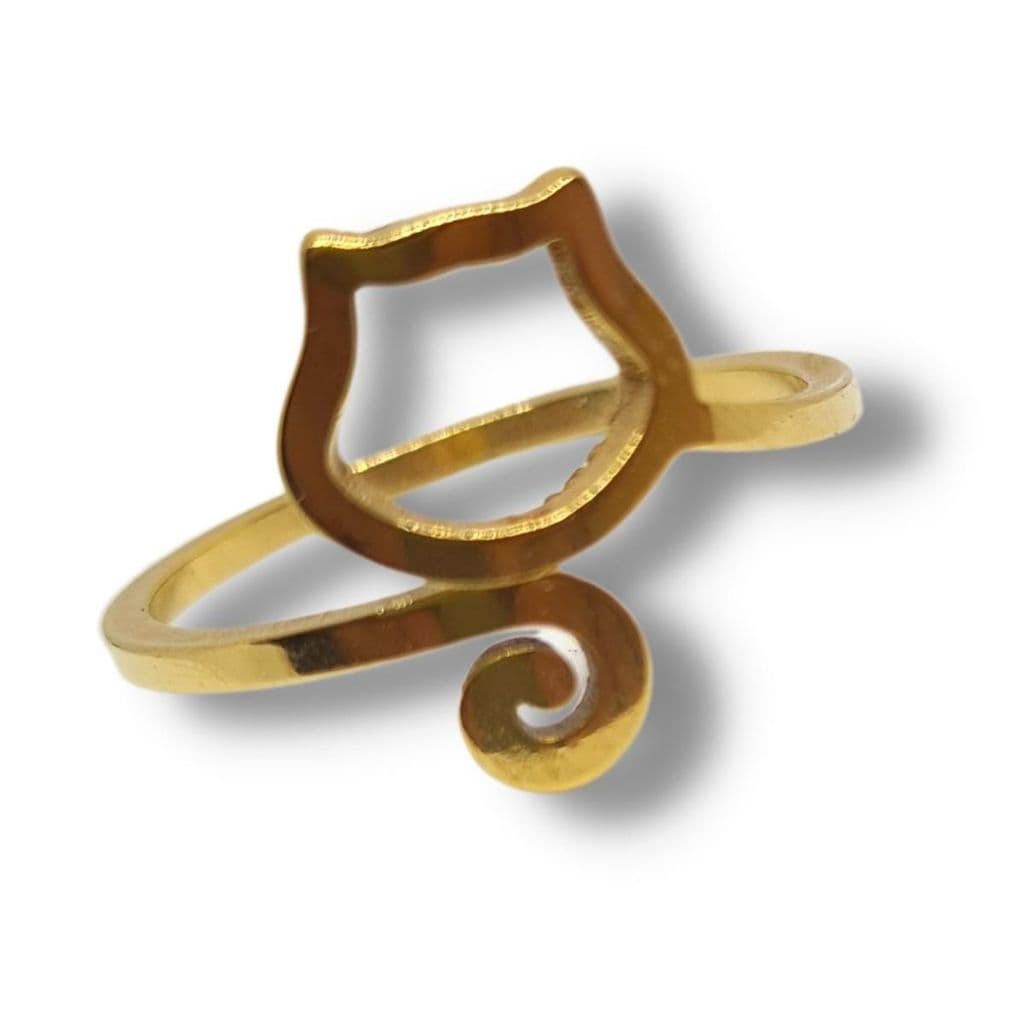 Anel Dourado Feminino Gatinho Em Aço Inoxidável Brilhante