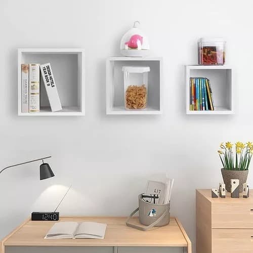 Kit Prateleira Nicho Quadrado MDF branco 3 Peças 20/25/30 Sala Cozinha Quarto