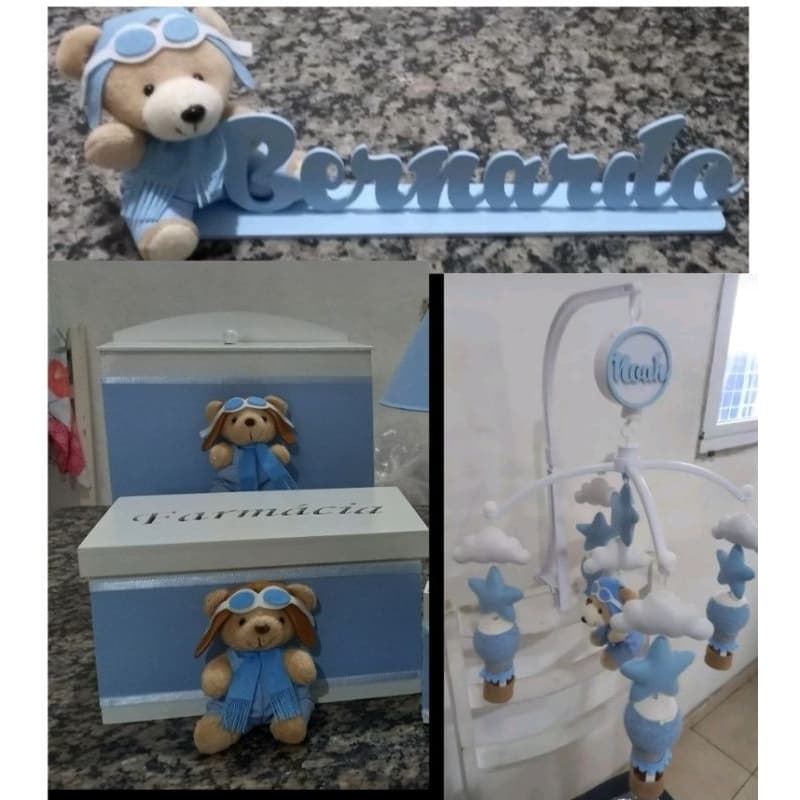combo urso aviador farmacinha porta fraldas nome decorativo  e mobile de berço urso aviador