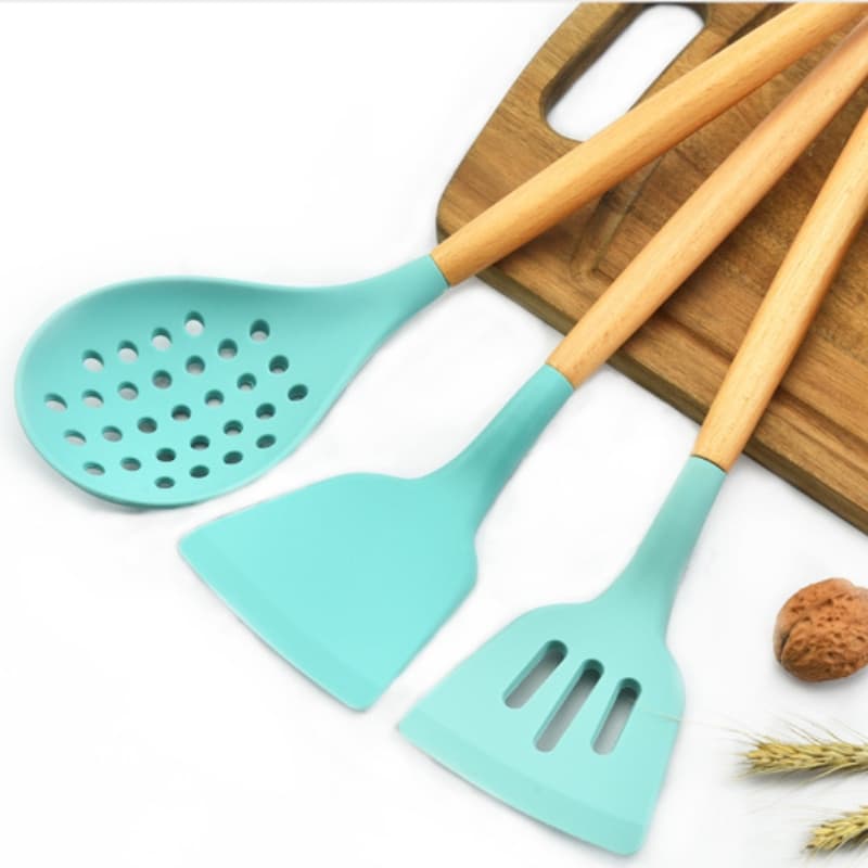 12 Pcs Silicone Cabo Madeira Decoração Utensílios De Cozinha Colheres Espatula