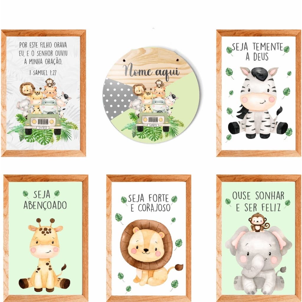 Plaquinhas + Mandala Quarto Infantil Safari Aquarela Verde Nome Personalizado