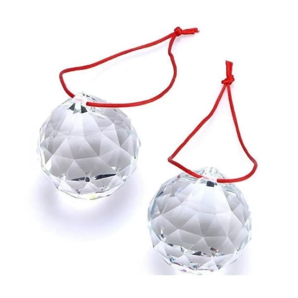 Kit Feng Shui Com Duas Esferas Multifacetada Cristal K9 40mm Com Fio Poliéster Vermelho