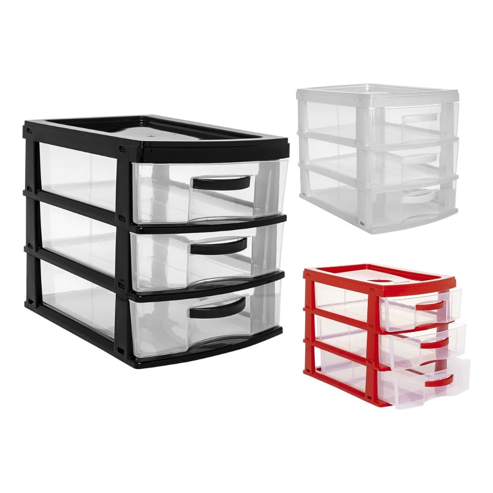 Gaveteiro Organizador Plástico 3 Gavetas Multiúso Escritorio preto vermelho branco