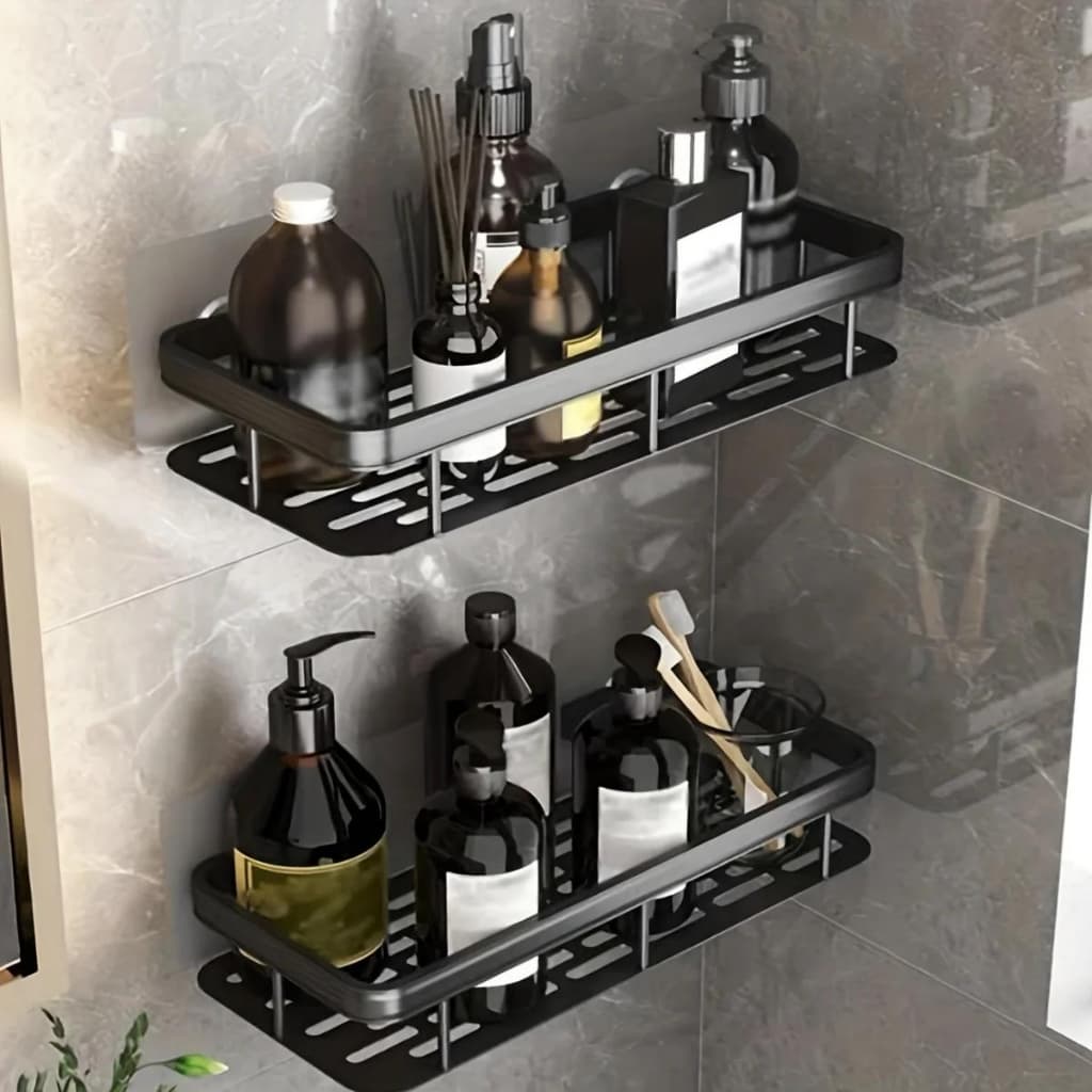 Kit de 2 Prateleira Organizador De Parede Aluminio Suporte De Banheiro Retangular Adesivo Sem Furos Moderno