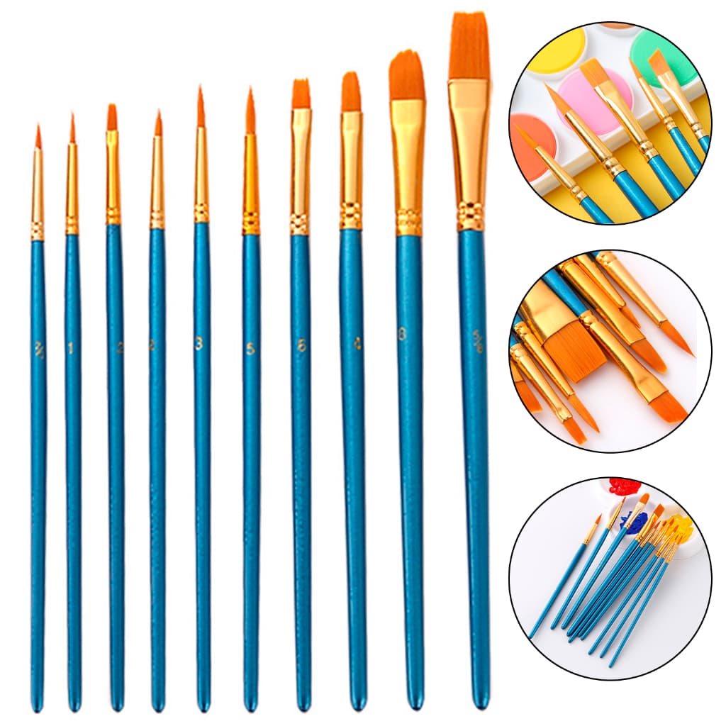 Kit 10 Pincéis Artesanato Ponta Fina Redonda E Chato Nylon Pintura Acrílica Óleo Aquarela Guache