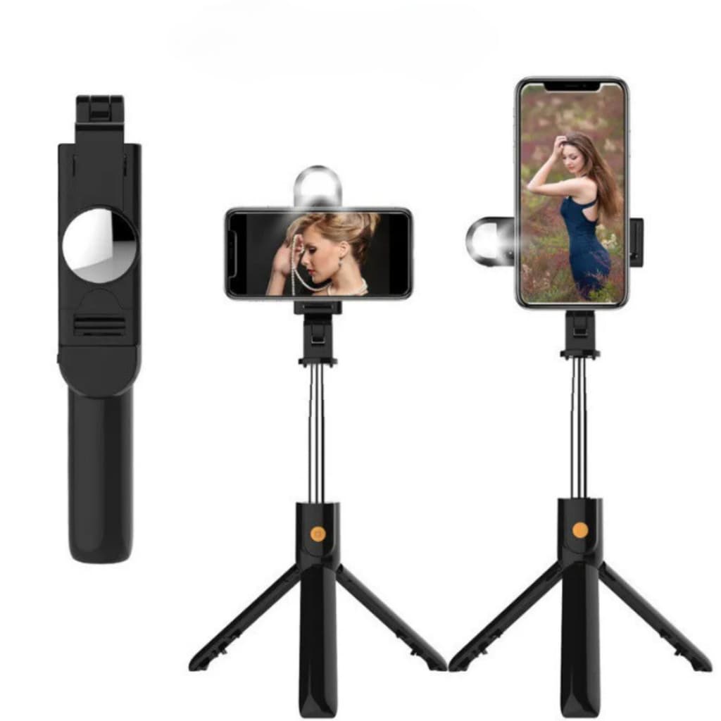 Bastão de Selfie Tripé K09, Rotação 360º, Controle Bluetooth, LED - iOS e Android