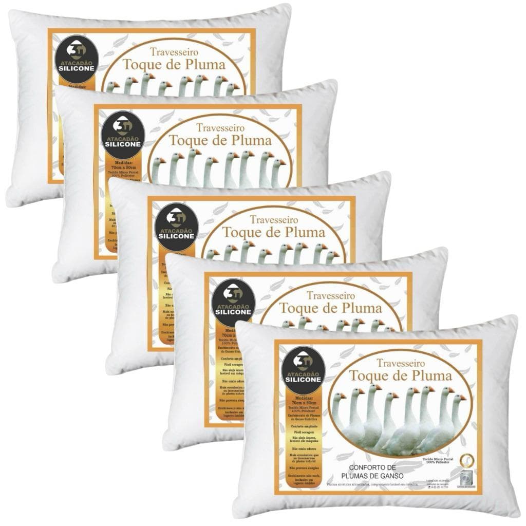 Kit 5 Travesseiros Plumas de Ganso Antialérgico 70x50cm Promoção
