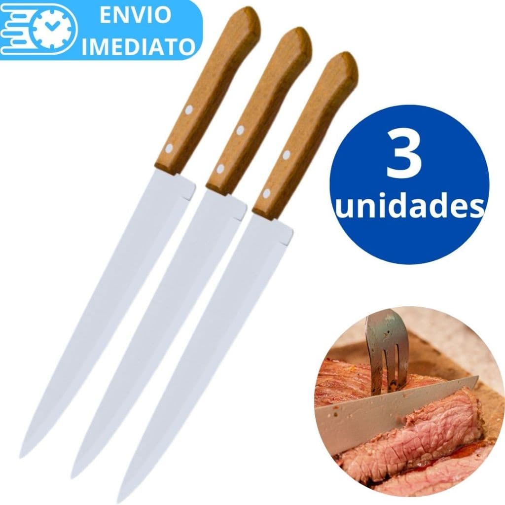 KIT Jogo 3 Faca De Cozinha Inox Profissional Tamanho 5 Do Chef Cabo Madeira para Casa Restaurante Carne Legumes