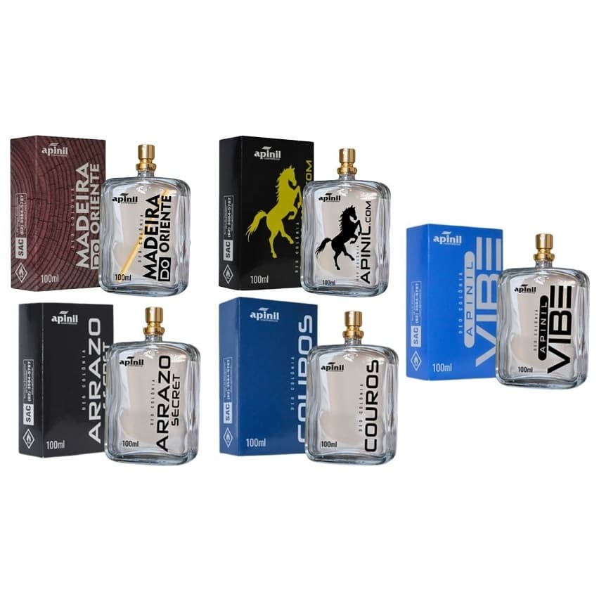 KIT 5 Perfume Deo Colônia 100ml Masculino Apinil (madeira do oriente, apinil, vibe, couros e arrazo)