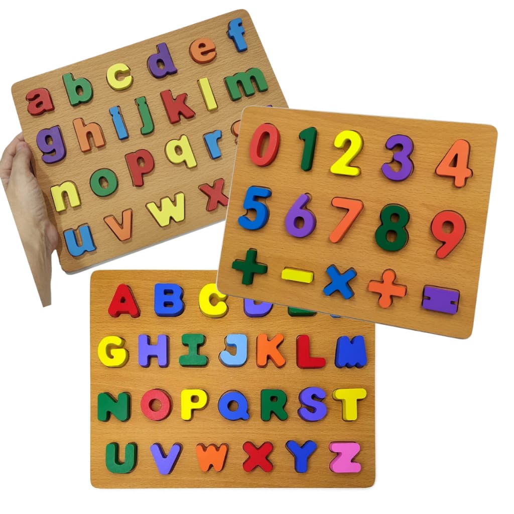 Kit 03 BrinquedosTABULEIROS de encaixe brinquedo quebra cabeça madeira letras alfabeto números didático colorido pedagógico matemática alfabetização escola autismo Brinquedo escolar