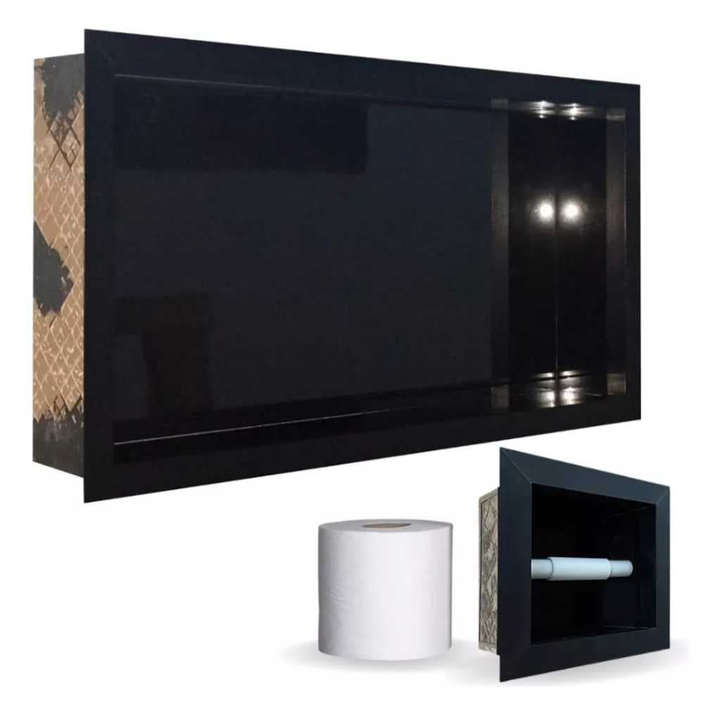 Kit Nicho de Porcelanato e Porta Papel Higiênico de Embutir Preto @ Achadinho Shopee