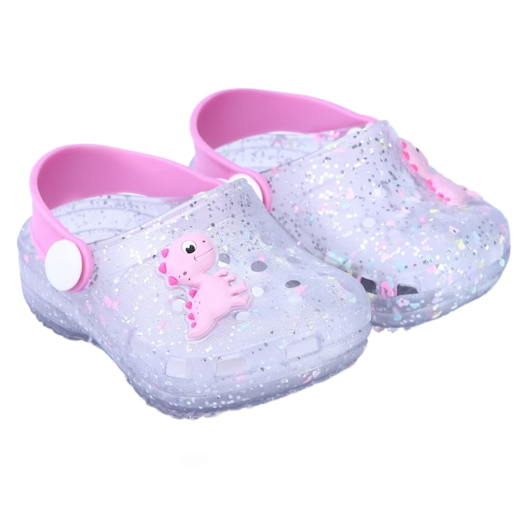 Babuche menina dinossauro rosa sandália infantil glitter calçados juiju shoes