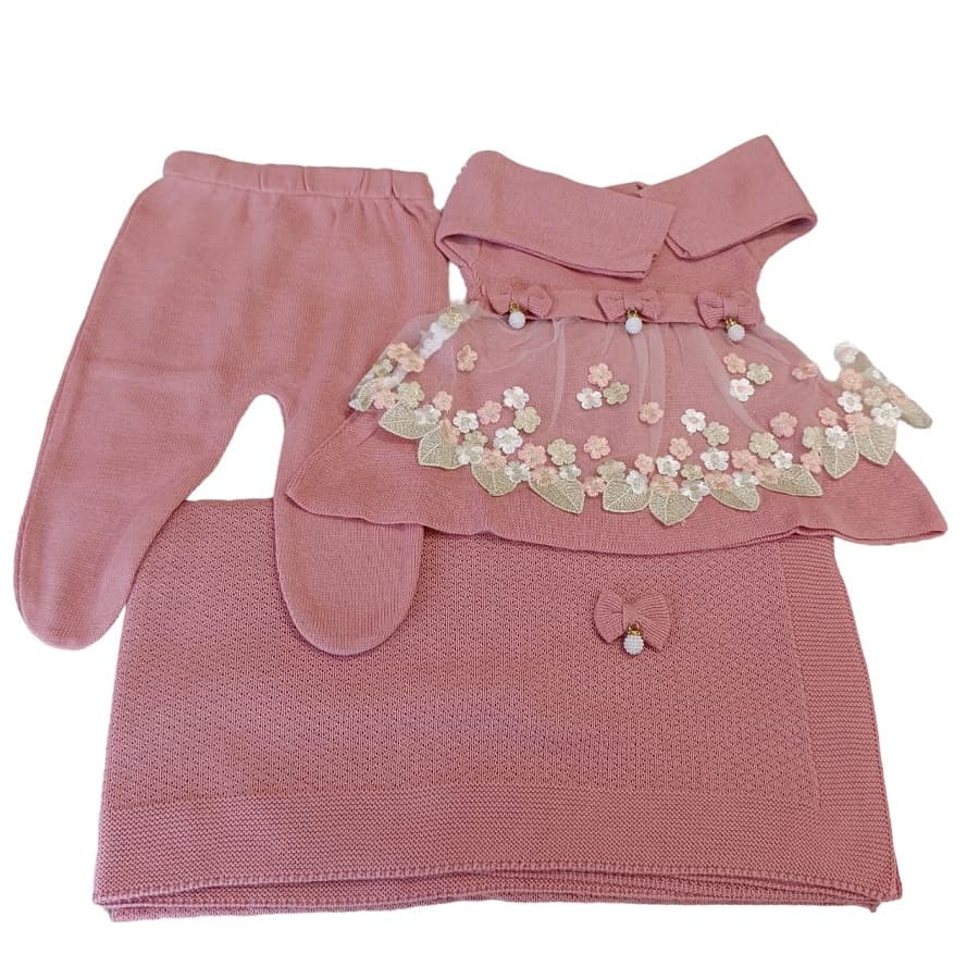 SAÍDA MATERNIDADE TRICOT LUXO 3 PÇS COM RENDA COR ROSE PARA MENINA SELMA