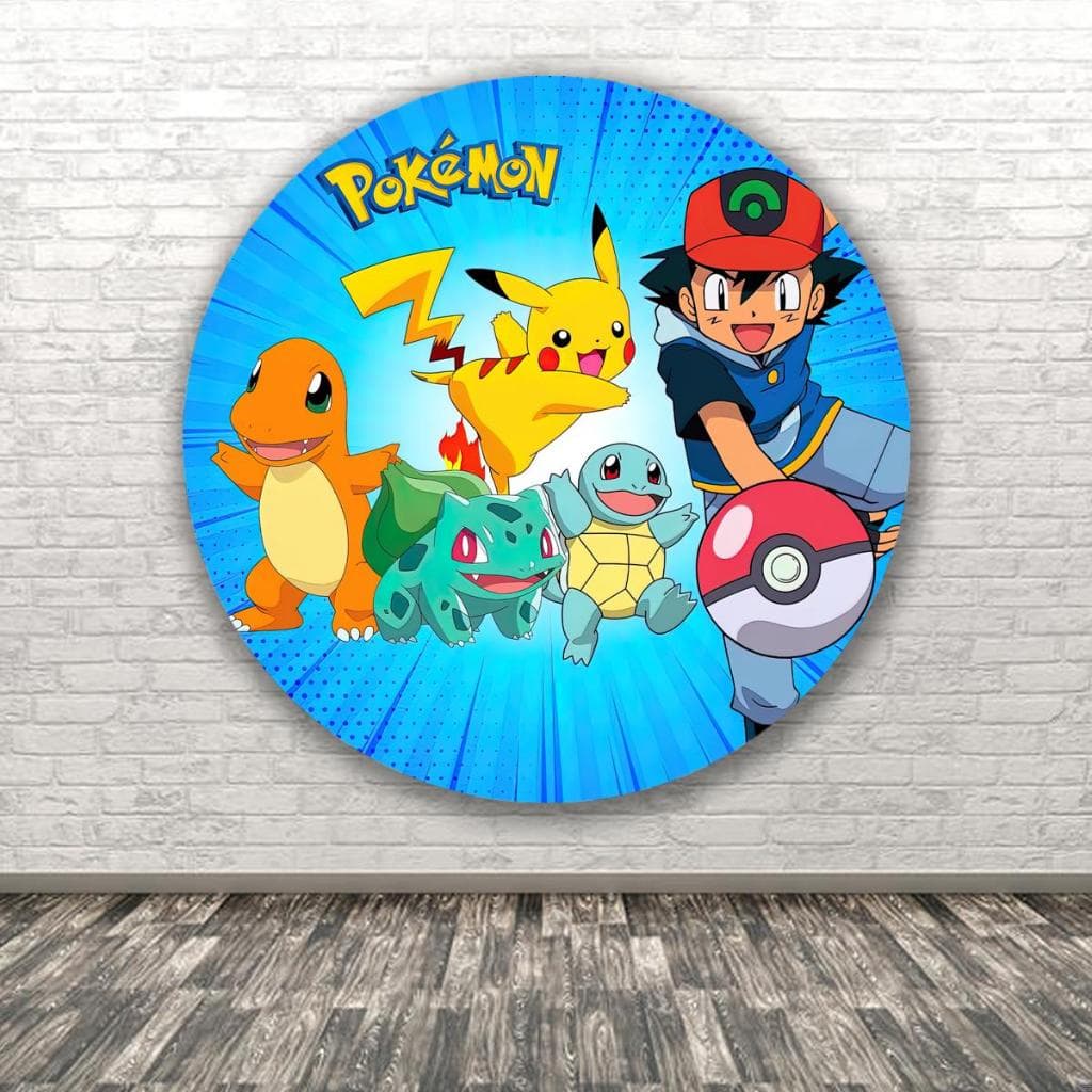 Capa Para Painel Redondo Tematico Pokemon Chrizard Pikachu Menino Menina Festa Aniversario Criança