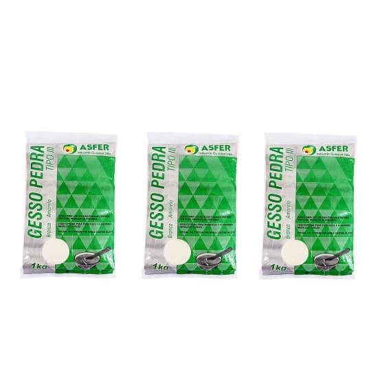 Kit 3 Gesso Pedra Tipo 3 Branco 1kg Asfer Alta Resistência