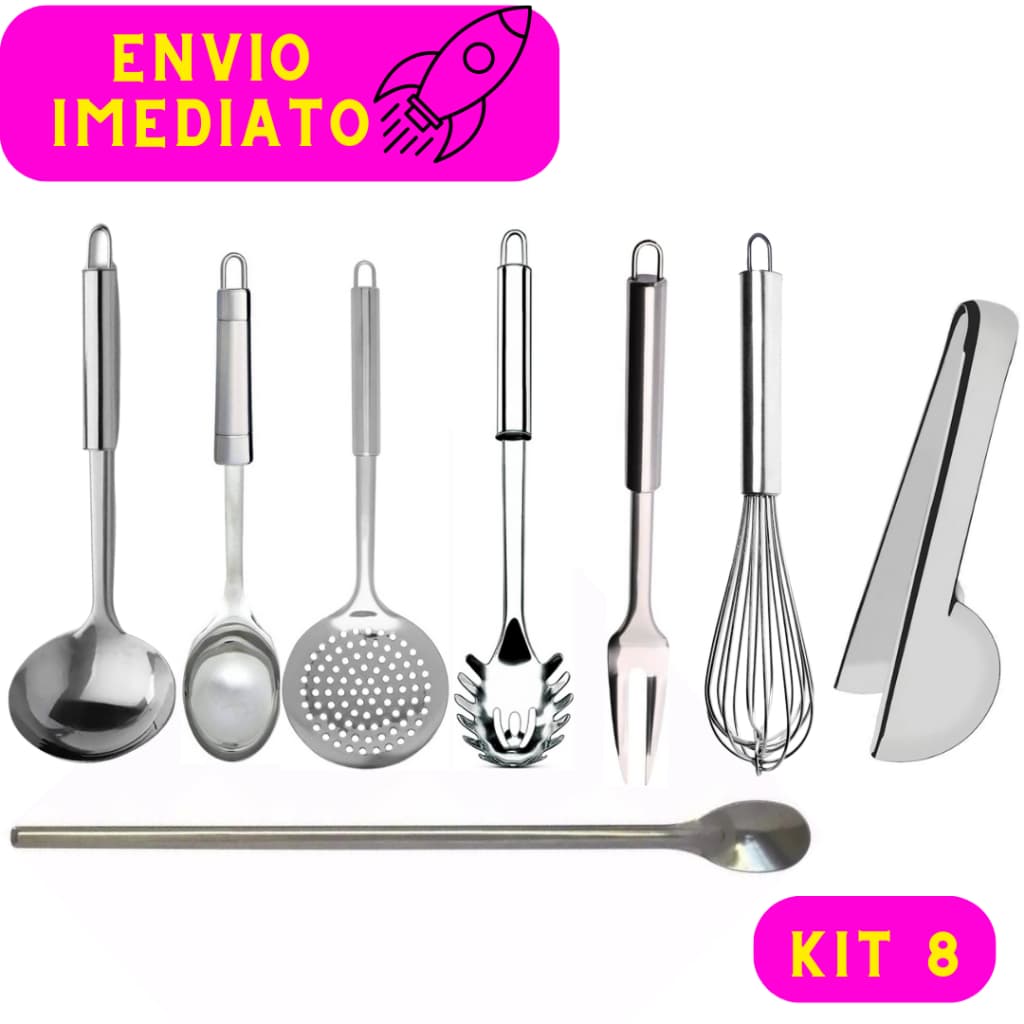 Kit Utensilios de Cozinha 8 Peças 100% Aço Inox Concha Escumadeira Colher de Arroz Pegador de Massas