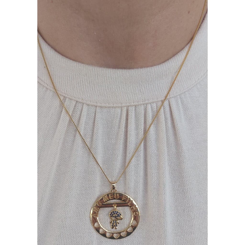 Colar Feminino  Amo meu filho Pigente Azul Cravejadso Dourado Presente.
