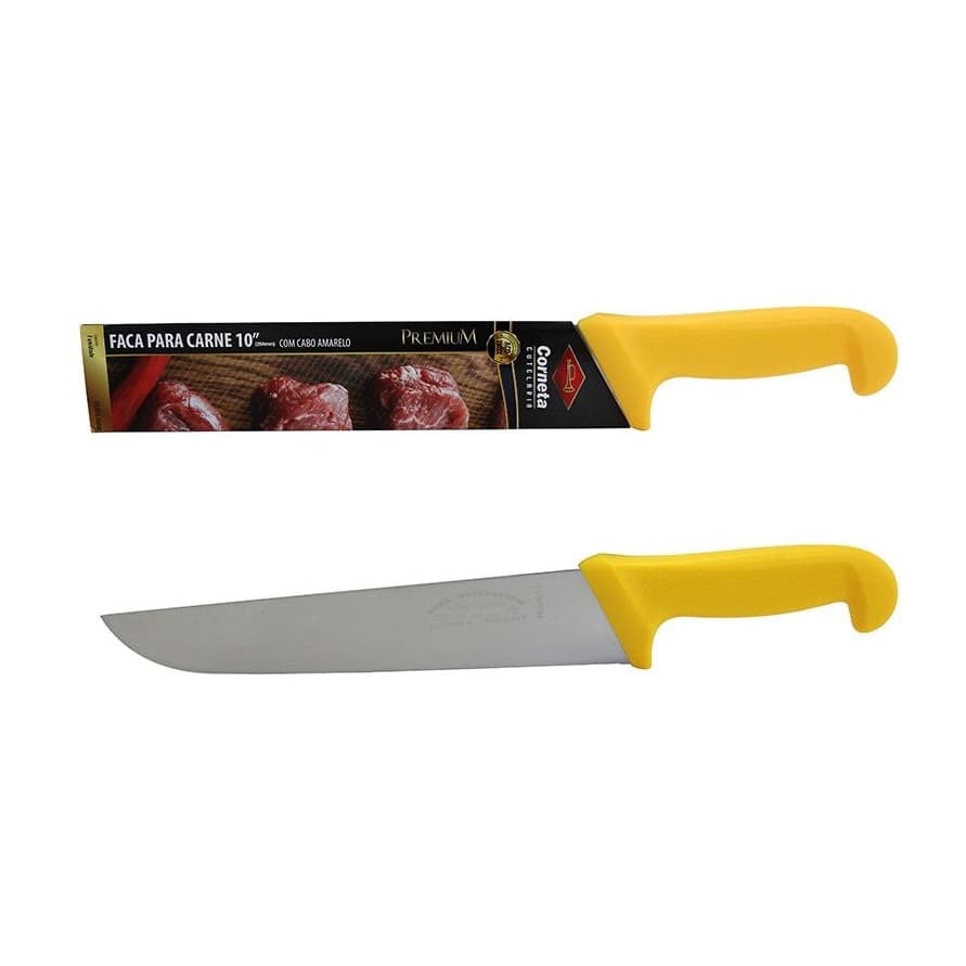 Faca Cozinha Carne Churrasco Inox 10 Polegadas Profissional Cabo Amarelo Corneta Premium
