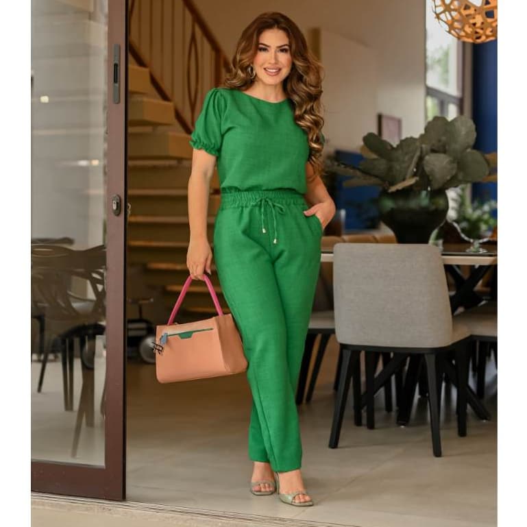 Conjunto Feminino Casual Elegante Blusa Calça em Linho De Algodão Com Babado Na Manga Cores Verão 2023 Roupa Feminina Festa Barata Promoção Imperdível Oferta