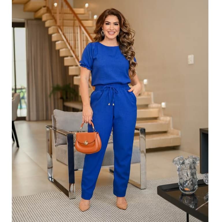 Conjunto Feminino Casual Elegante Sofisticado Blusa Calça Tecido em Linho de Algodão Alfaiataria Confortável Roupa Feminina Promoção Exclusiva