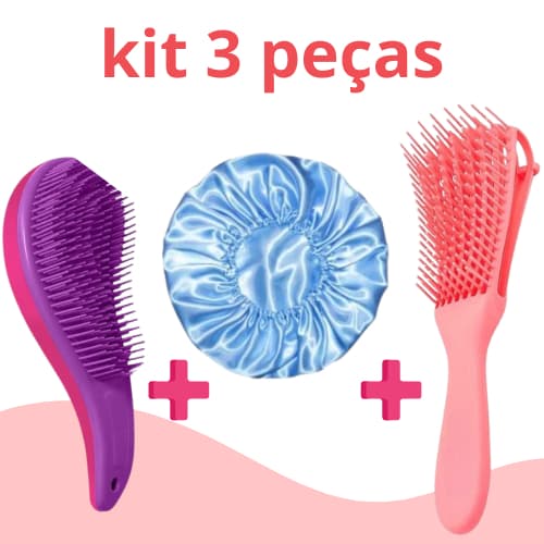 kit escova polvo escova mágica e touca de cetim cuidados com os cabelos mais brilho sem embaraço sem quebra antifrizz