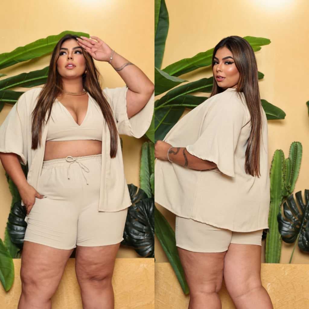 Conjunto cardigan + cropped + short tecido: Duna