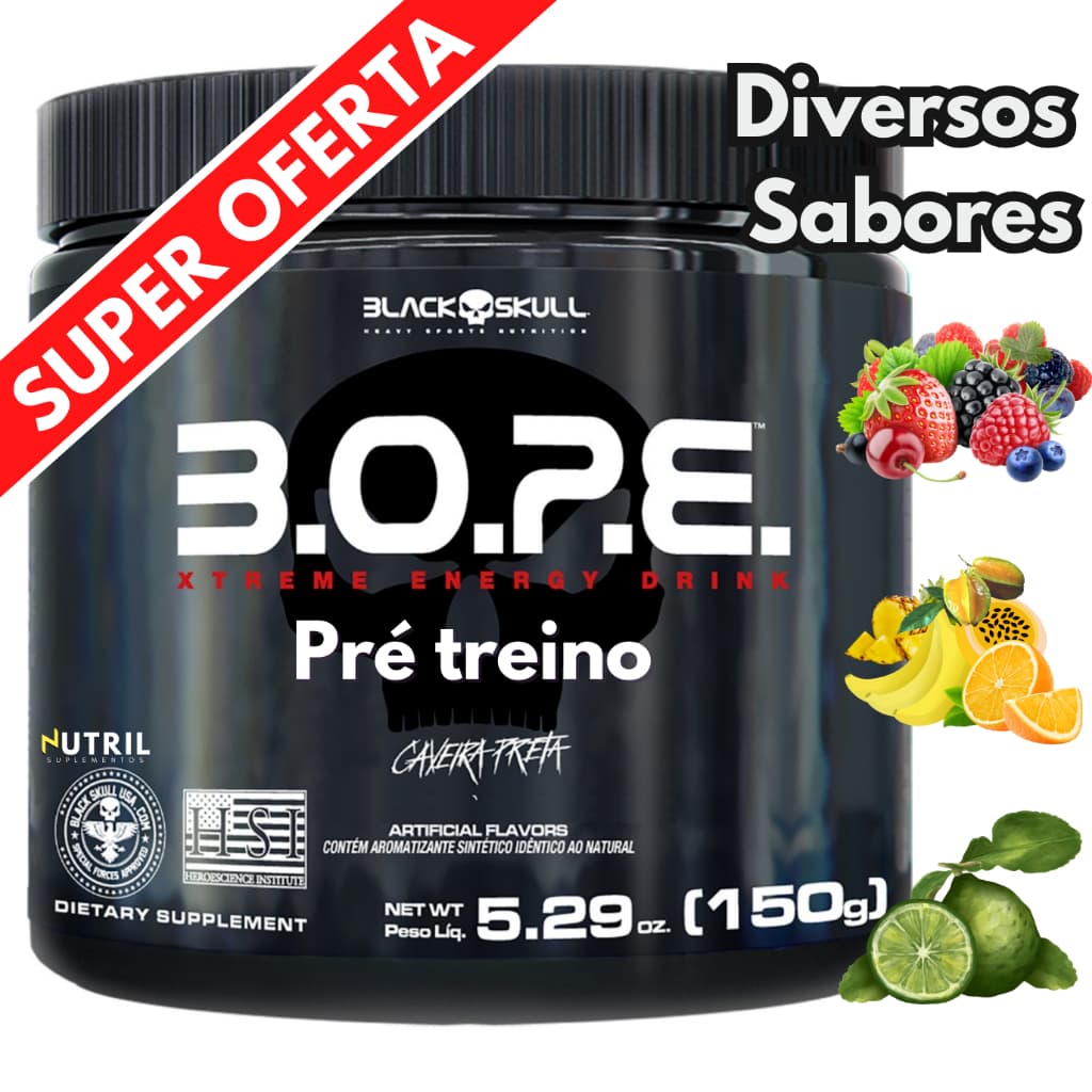 Pré-Treino BOPE 150g - Suplemento em Pó Black Skull - B.O.P.E. - Energia - Disposição Caveira Preta