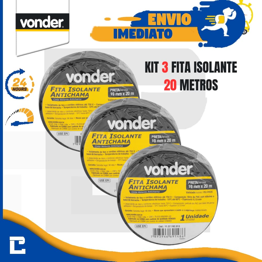 Kit 3 Fita Isolante 20 Metros Anti Chama Preta Vonder