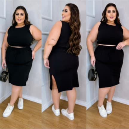 conjunto plus size saia e cropped