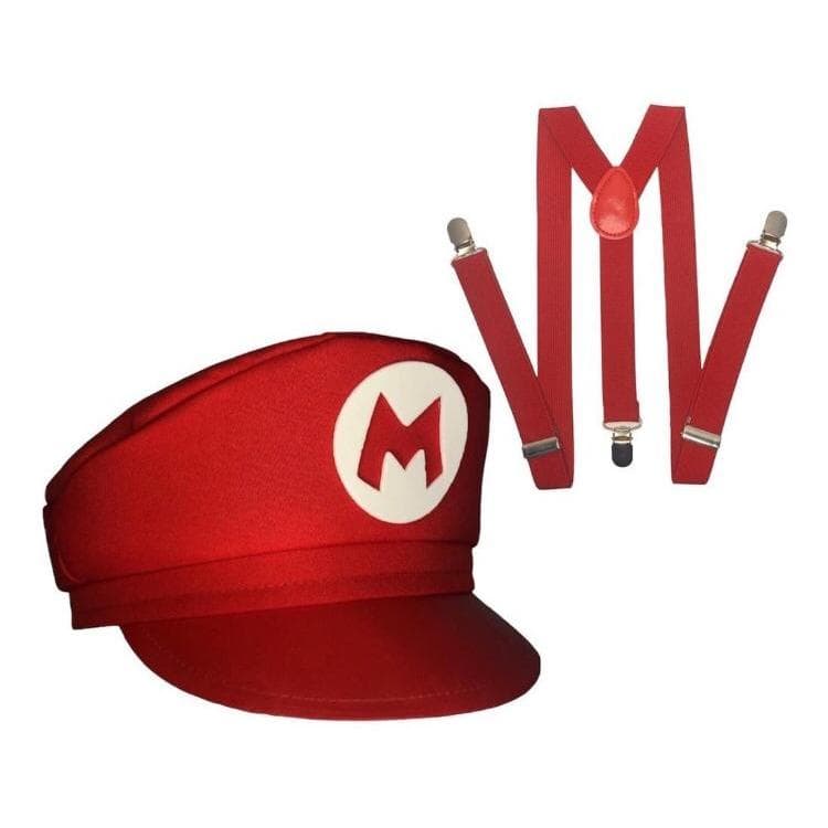 Kit Super Mário Bros e Luigi ,Boina C/ Bigode  Suspensório  Fantasia OXFORD - ADULTO