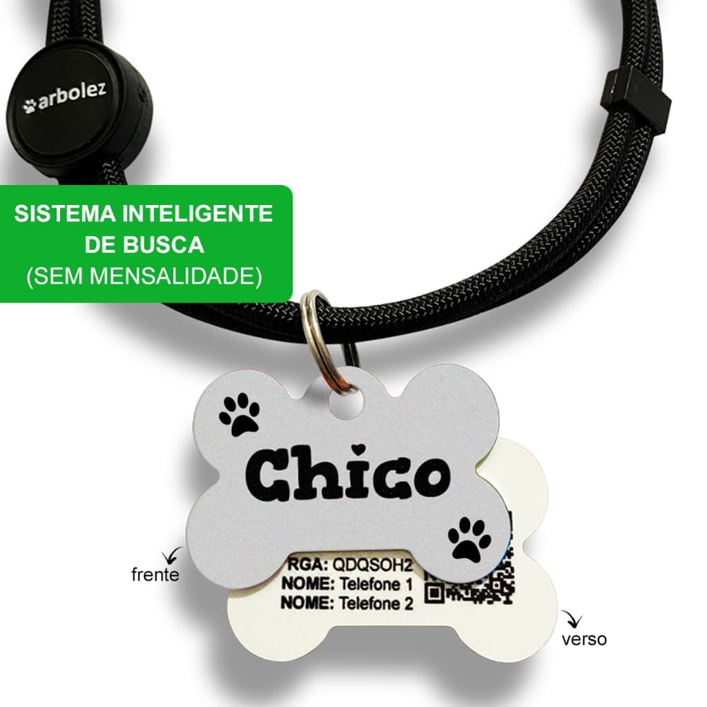 Coleira Com Plaquinha de Identificação Pet Cão Gato Personalizada Telefone + QR Code