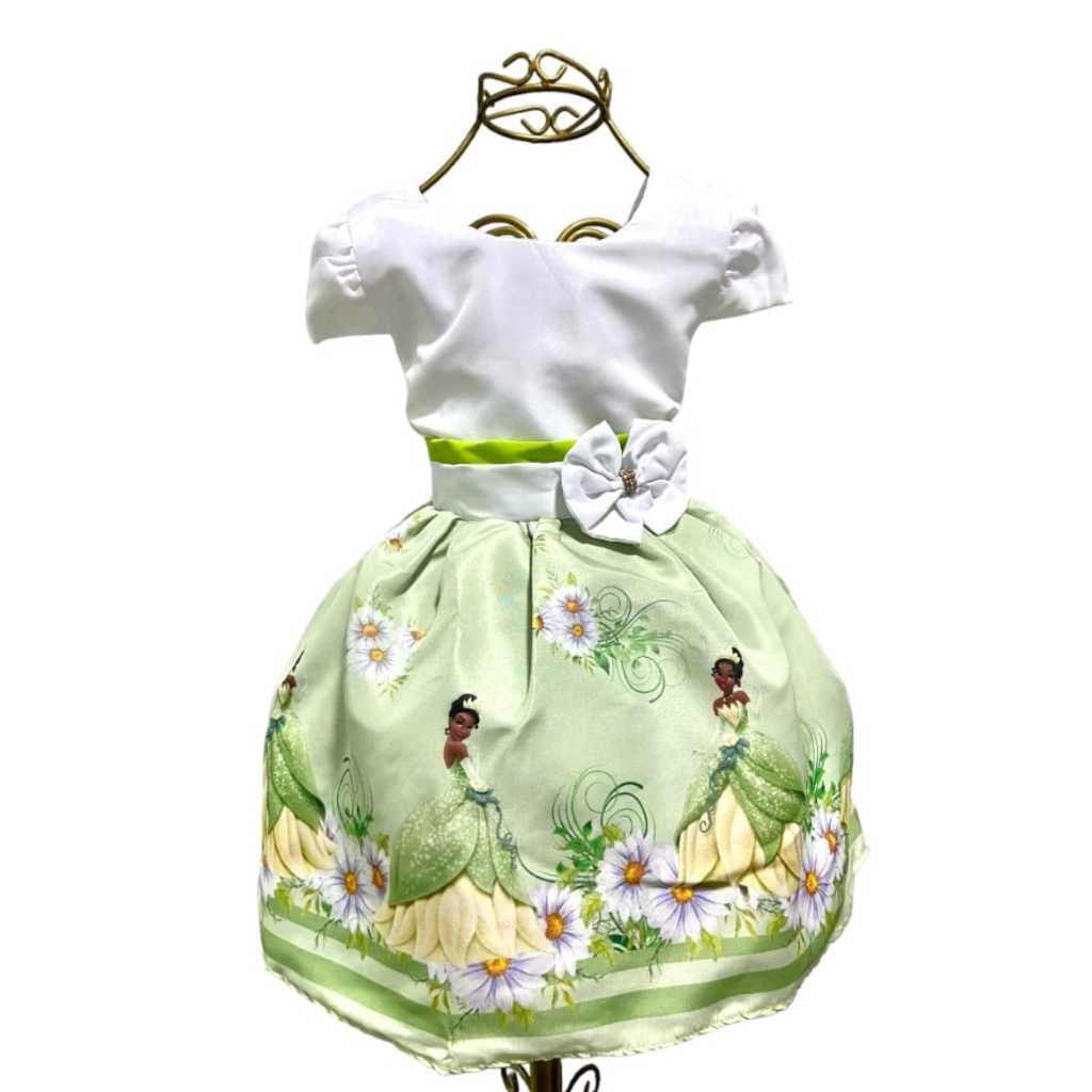 Vestido Infantil Temático Princesa Tiana Aniversários e Festas.